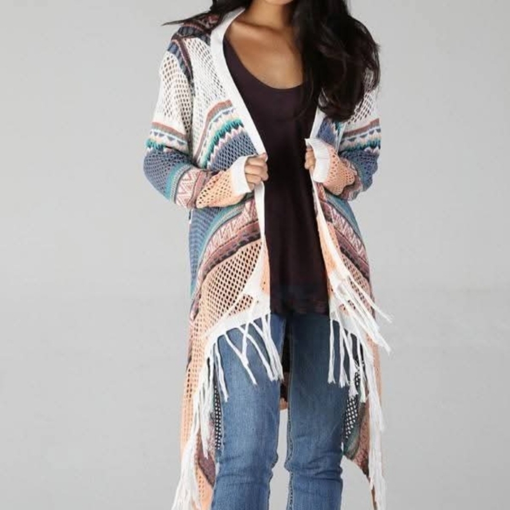 NWT Angie Open Fringe Cardigan Sweater Aztec Southwest Boho Open Knit Fringe S